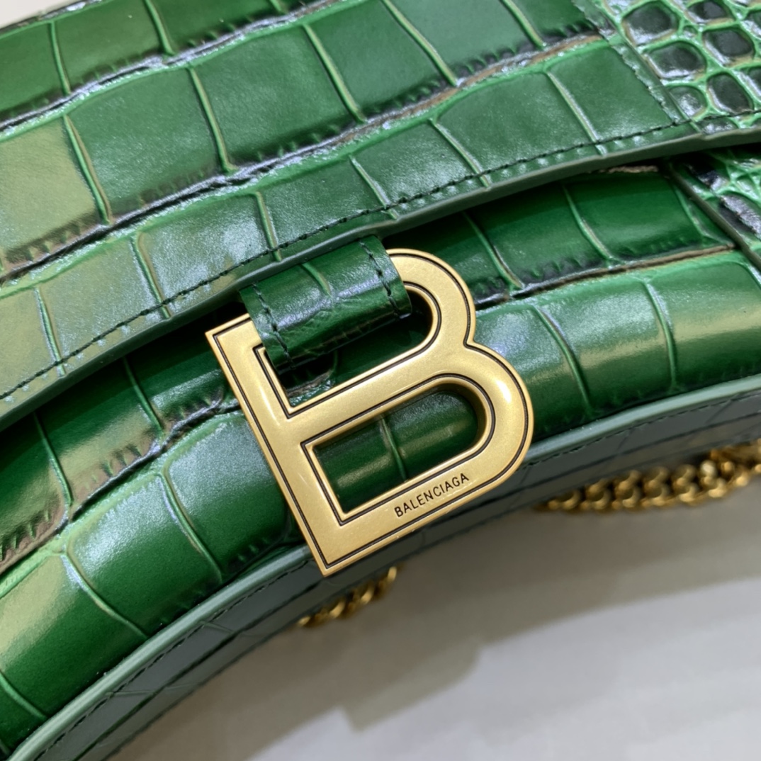 Balenciaga Big Hourglass Wallet With Chain Crocodile Embossed Shoulder Bag Dark Green